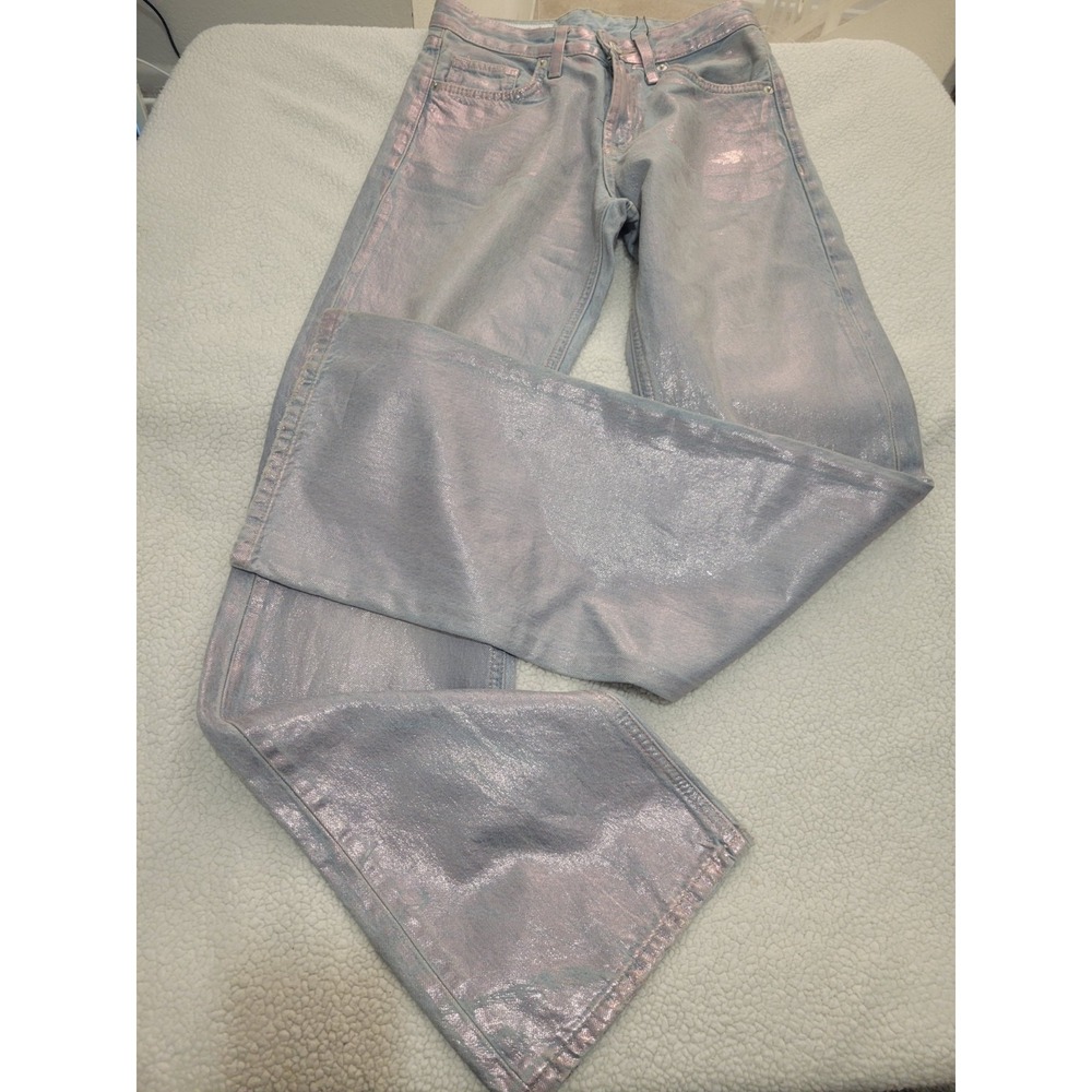 Zara Mid Waist Loose Foil Silver Mettalic Wide Retro Club Night Party Leg Jeans